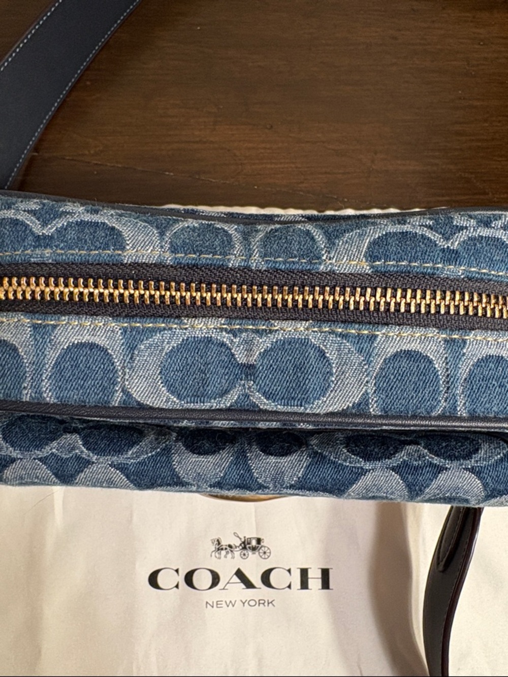 Coach Blue Denim Signature C  Crossbody Bag with Tan Accents - Picture 14 of 15